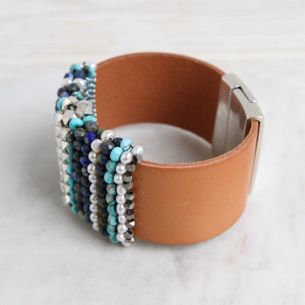 
                  
                    BRC-JM Hand Stitched Pearls, Jasper, Azurite, & Metal Cubes Cuff Bracelet
                  
                