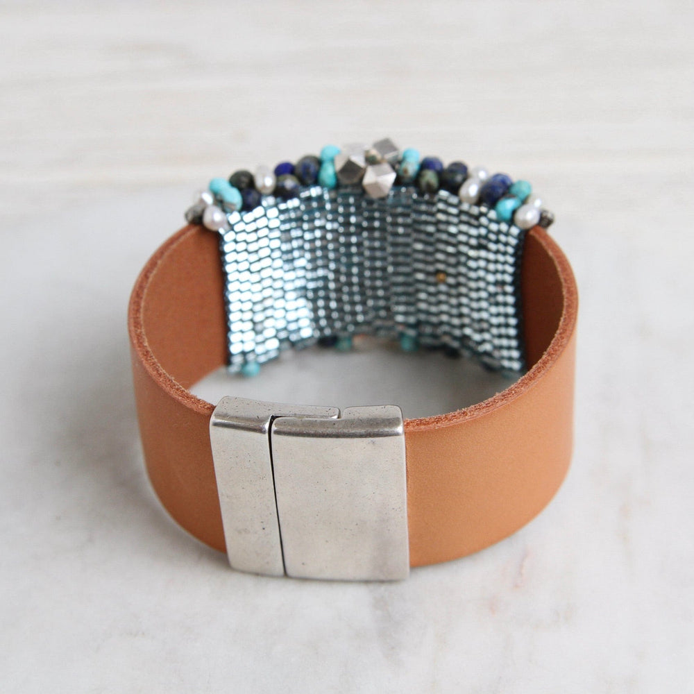 
                  
                    BRC-JM Hand Stitched Pearls, Jasper, Azurite, & Metal Cubes Cuff Bracelet
                  
                