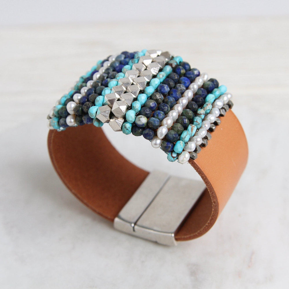 
                  
                    BRC-JM Hand Stitched Pearls, Jasper, Azurite, & Metal Cubes Cuff Bracelet
                  
                