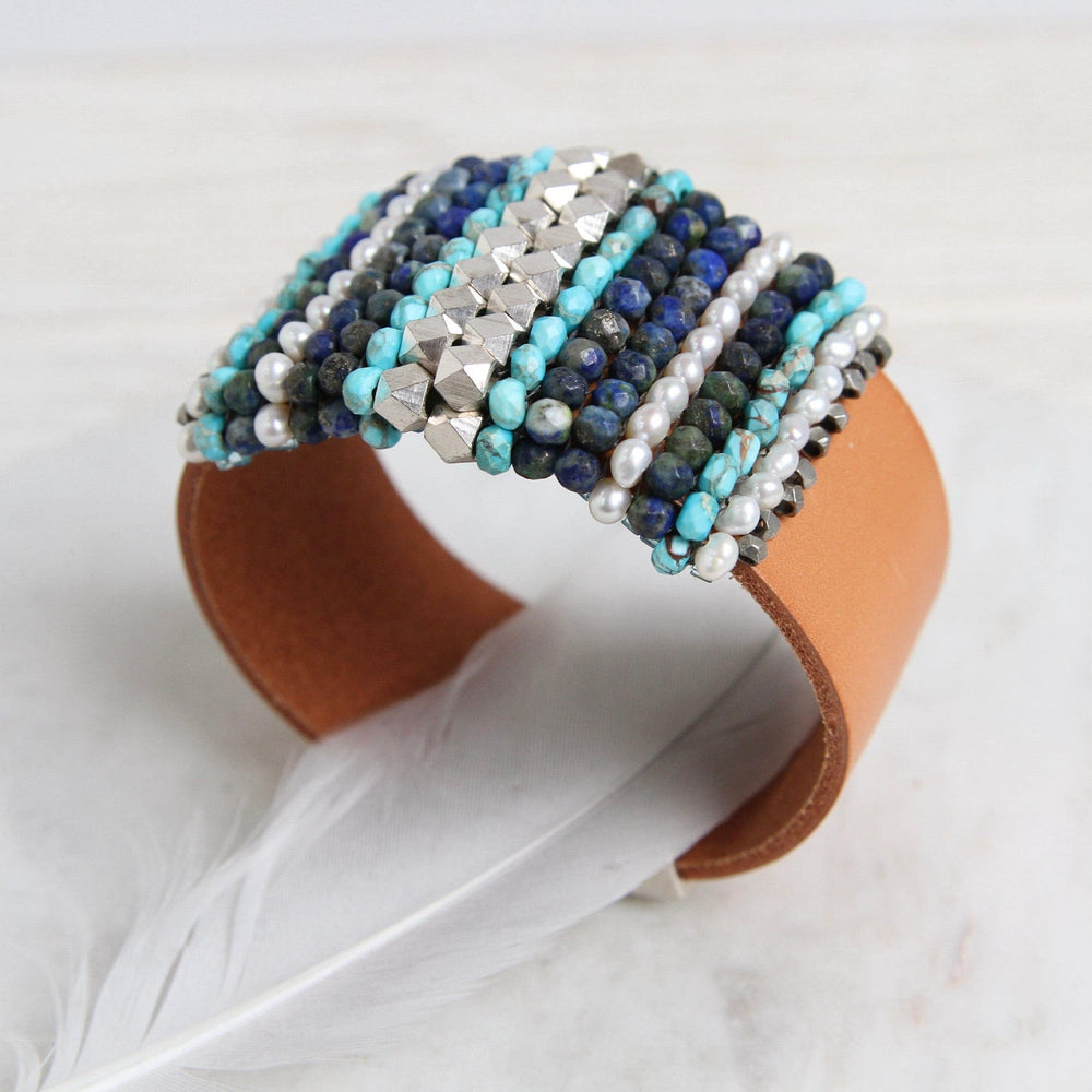 
                  
                    BRC-JM Hand Stitched Pearls, Jasper, Azurite, & Metal Cubes Cuff Bracelet
                  
                