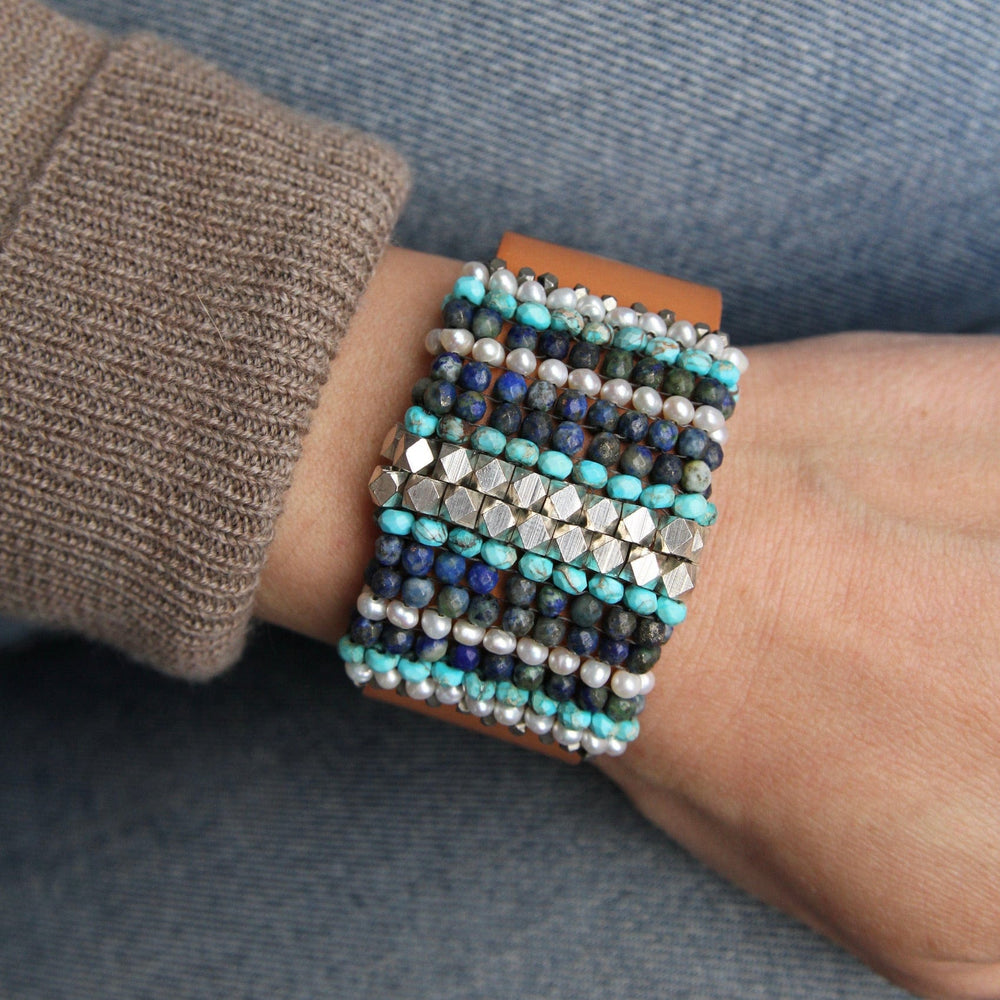 
                  
                    BRC-JM Hand Stitched Pearls, Jasper, Azurite, & Metal Cubes Cuff Bracelet
                  
                