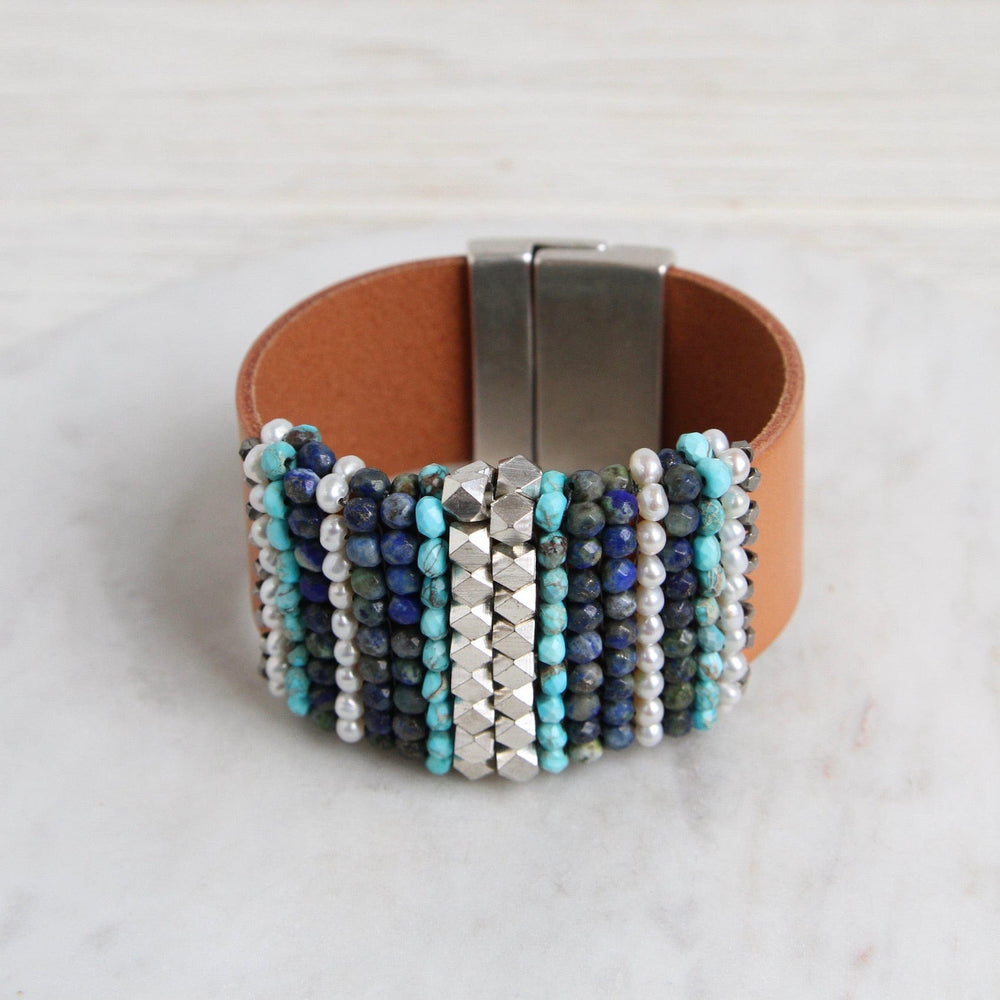 
                  
                    BRC-JM Hand Stitched Pearls, Jasper, Azurite, & Metal Cubes Cuff Bracelet
                  
                