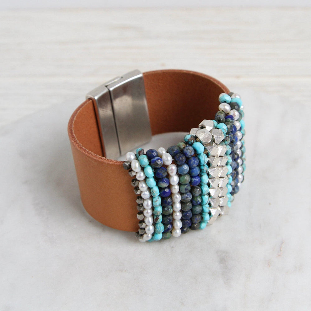 
                  
                    BRC-JM Hand Stitched Pearls, Jasper, Azurite, & Metal Cubes Cuff Bracelet
                  
                