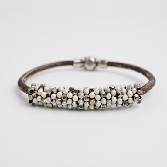 BRC-JM Hand Stitched Pearls & Metal Cubes Vintage Leather Bracelet