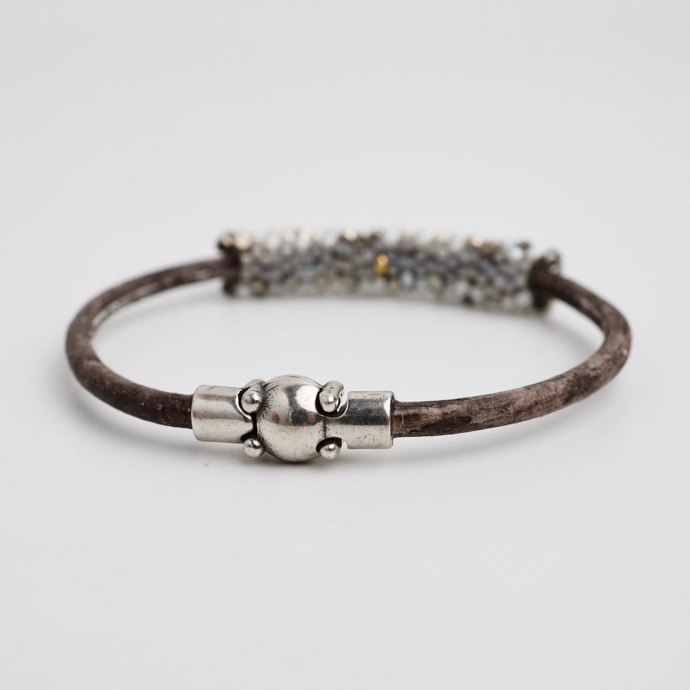 BRC-JM Hand Stitched Pearls & Metal Cubes Vintage Leather Bracelet