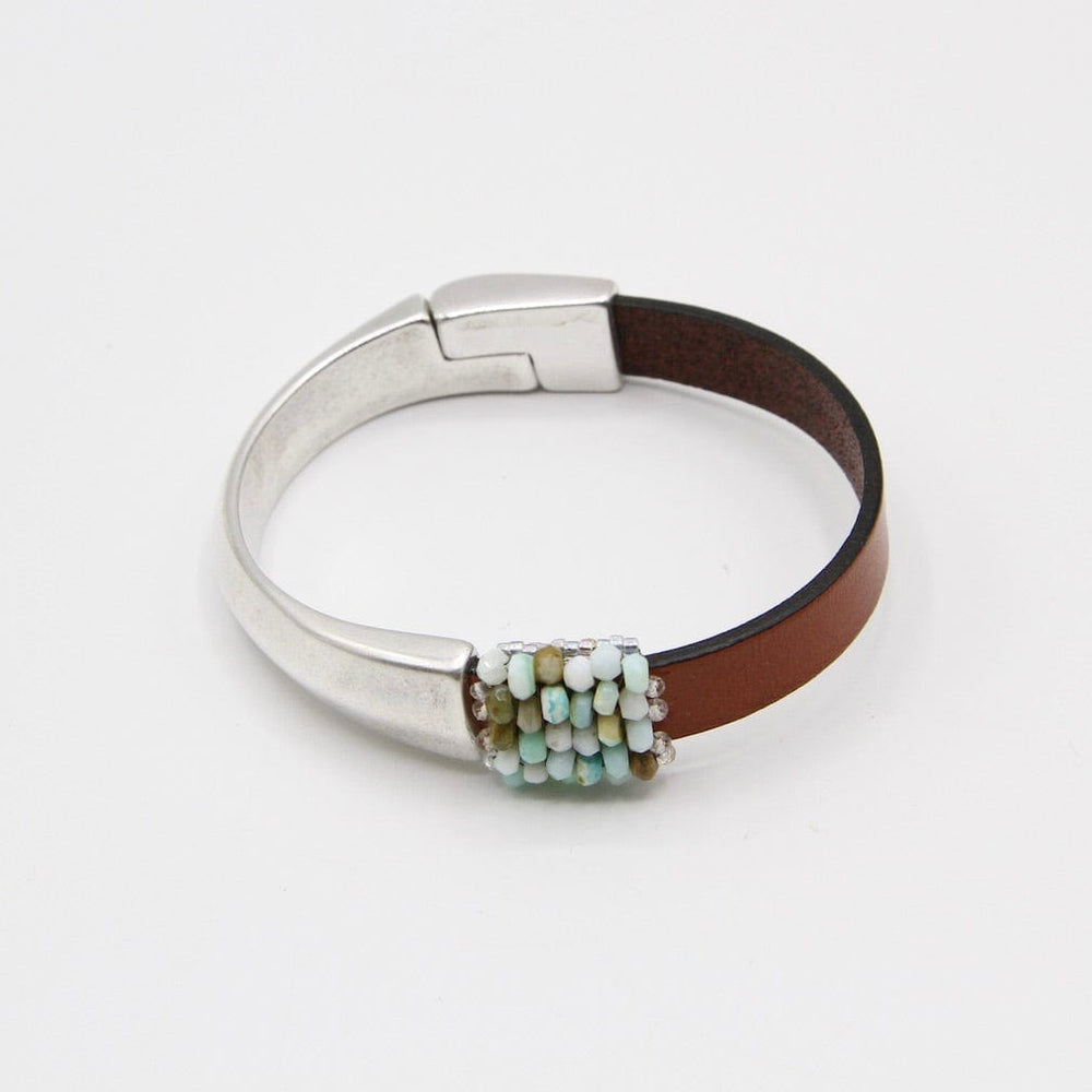 BRC-JM Hand Stitched Peruvian Opal Leather Cuff Bracelet