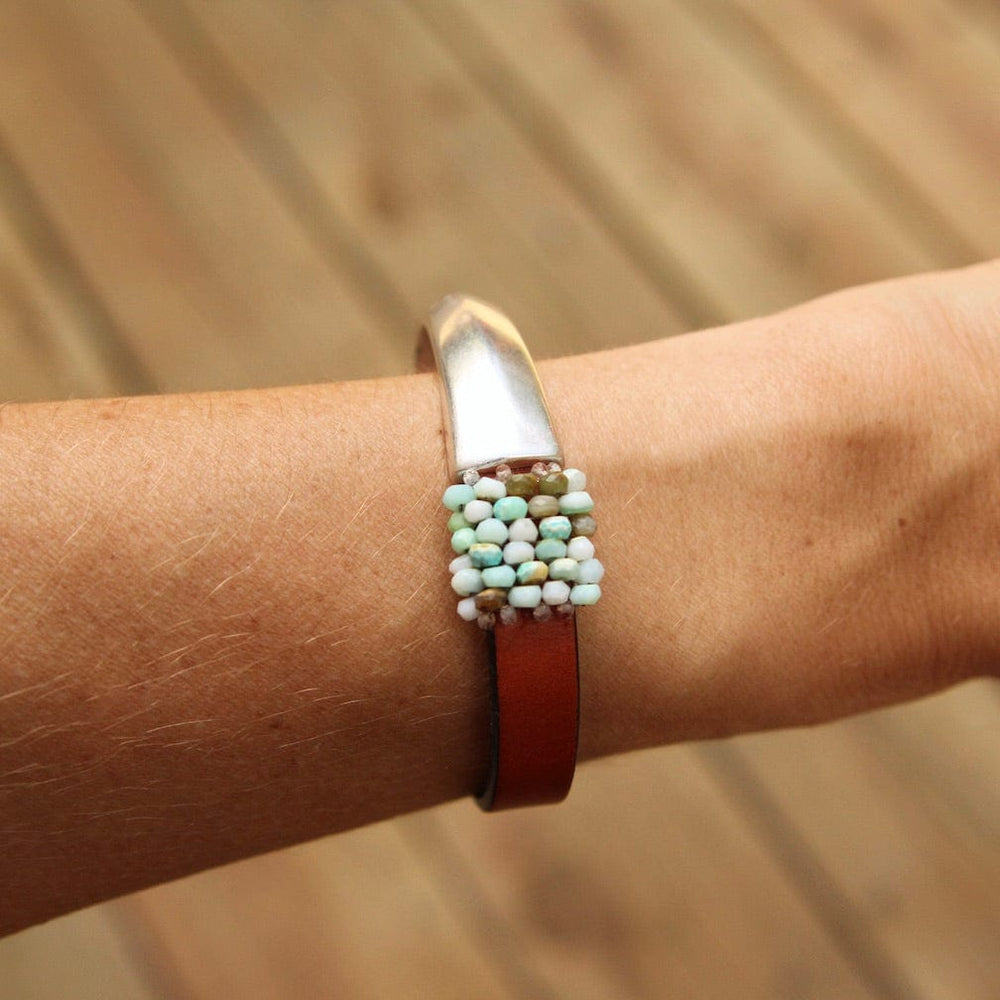 BRC-JM Hand Stitched Peruvian Opal Leather Cuff Bracelet