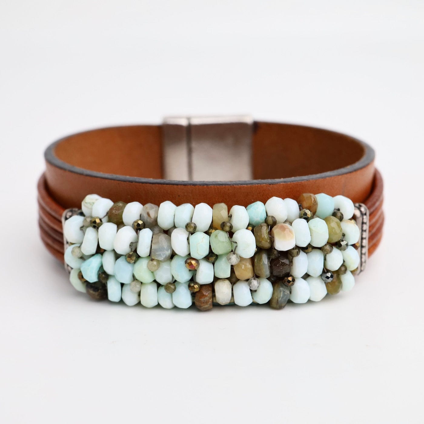 BRC-JM Hand Stitched Peruvian Opal on Leather Bracelet