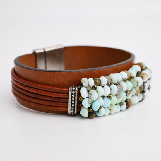 Load image into Gallery viewer, BRC-JM Hand Stitched Peruvian Opal on Leather Bracelet
