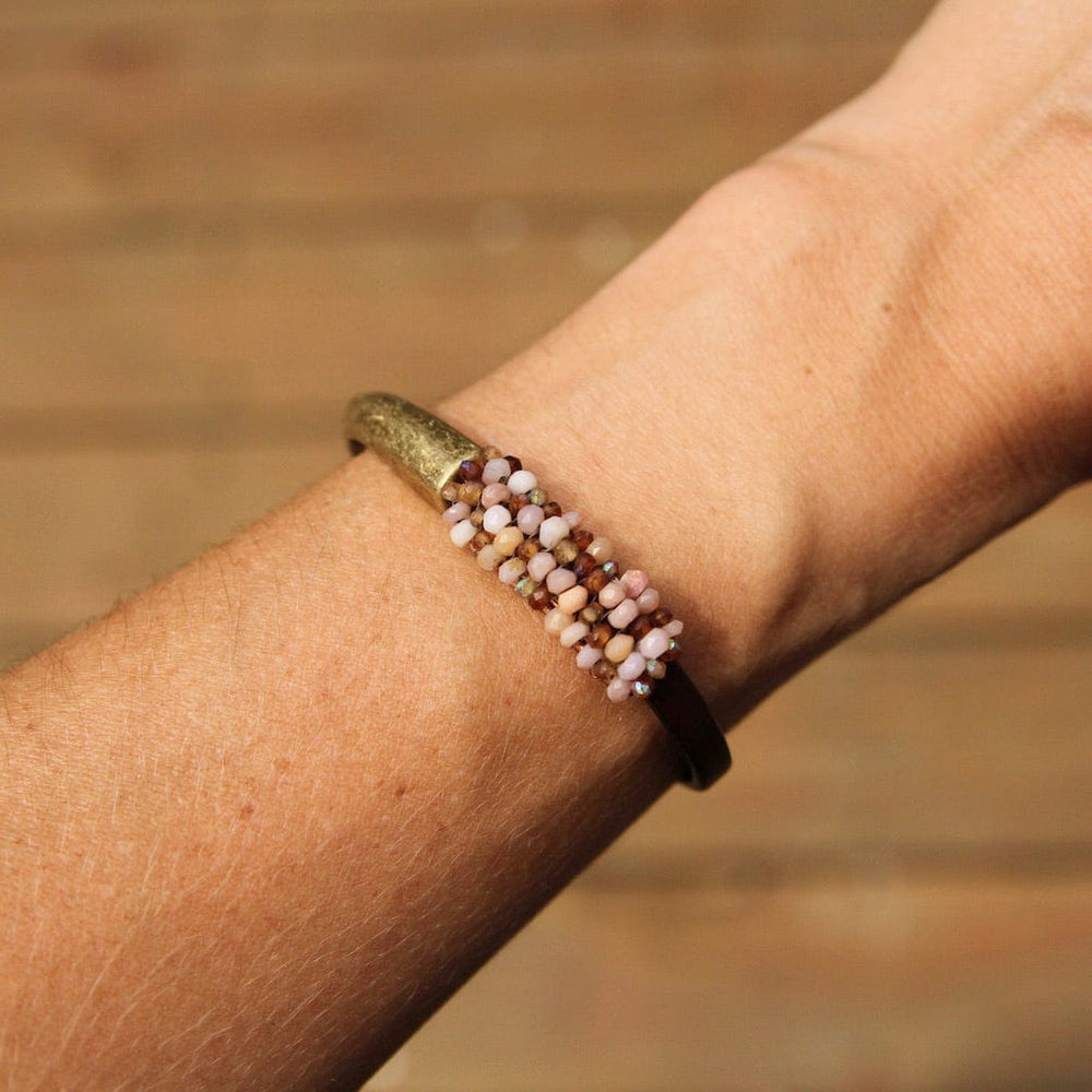 BRC-JM Hand Stitched Pink Opal and Hessonite Garnet Leather Cuff Bracelet