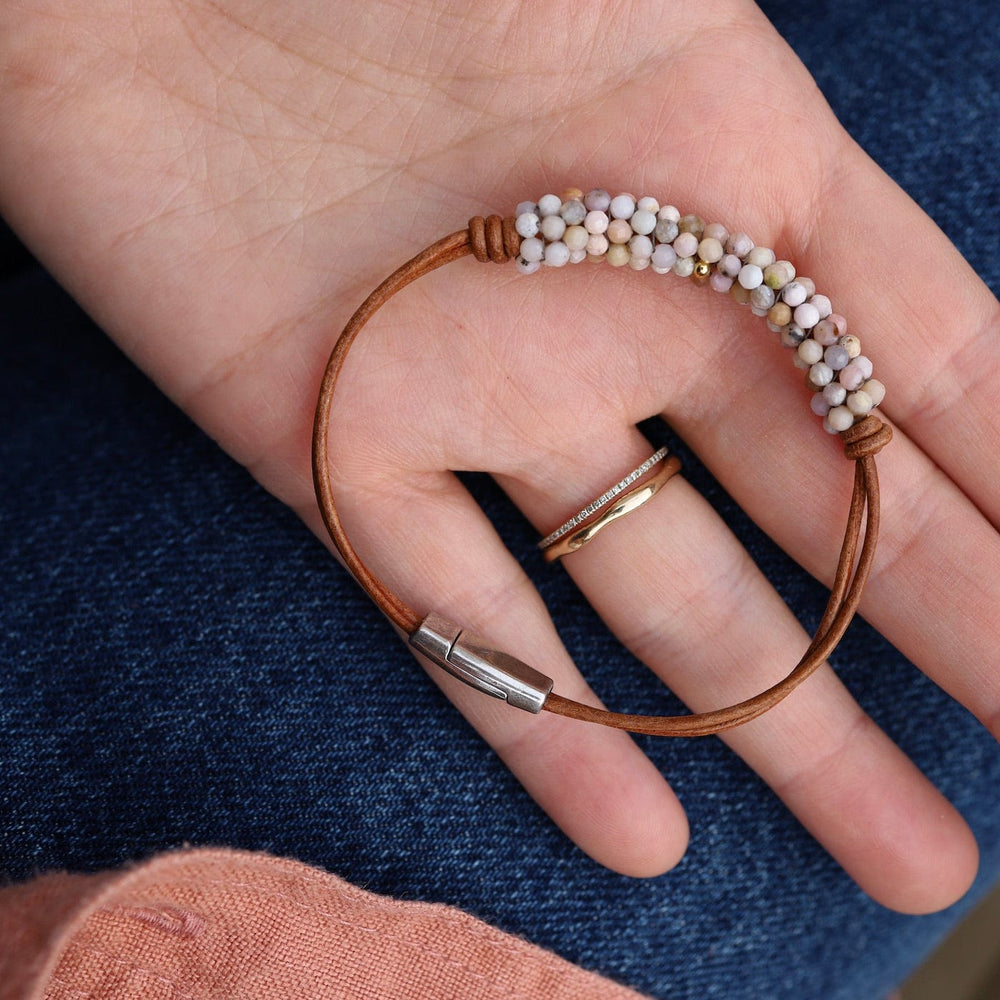 
                  
                    BRC-JM Hand Stitched Pink Opals on 2 Strands of Leather Bracelet
                  
                