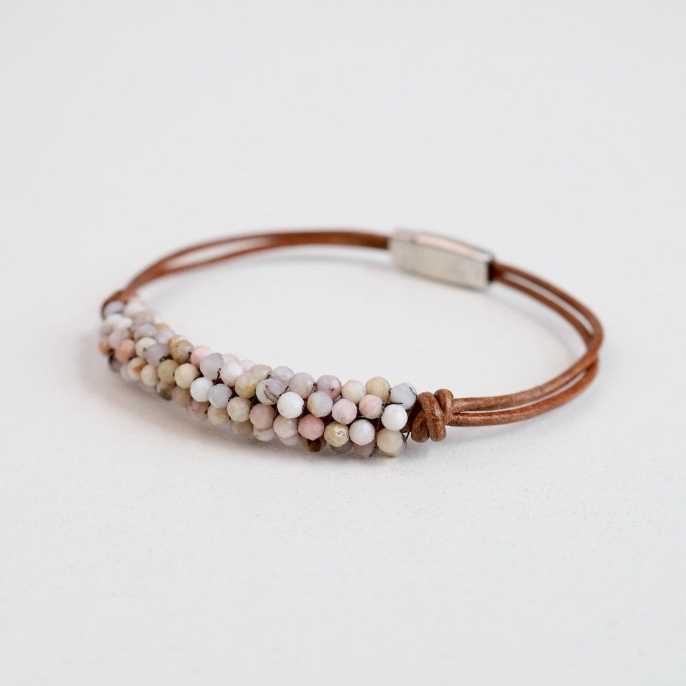 
                  
                    BRC-JM Hand Stitched Pink Opals on 2 Strands of Leather Bracelet
                  
                