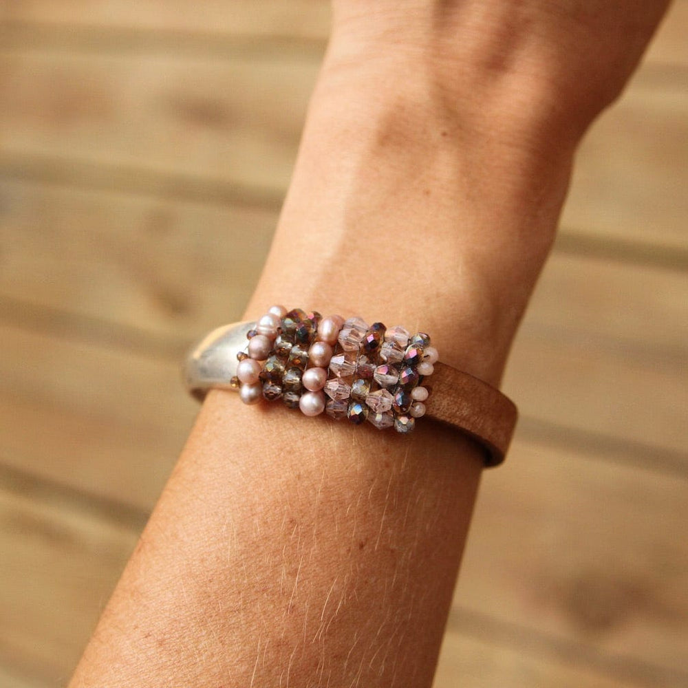 BRC-JM Hand Stitched Pink Pearls and Crystals Leather Cuff Bracelet