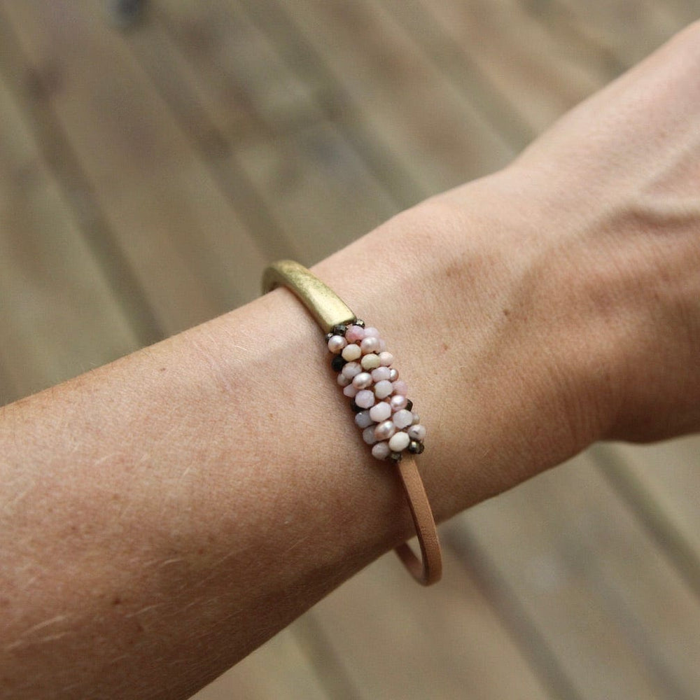 BRC-JM Hand Stitched Pink Pearls and Pink Opal Leather Cuff Bracelet