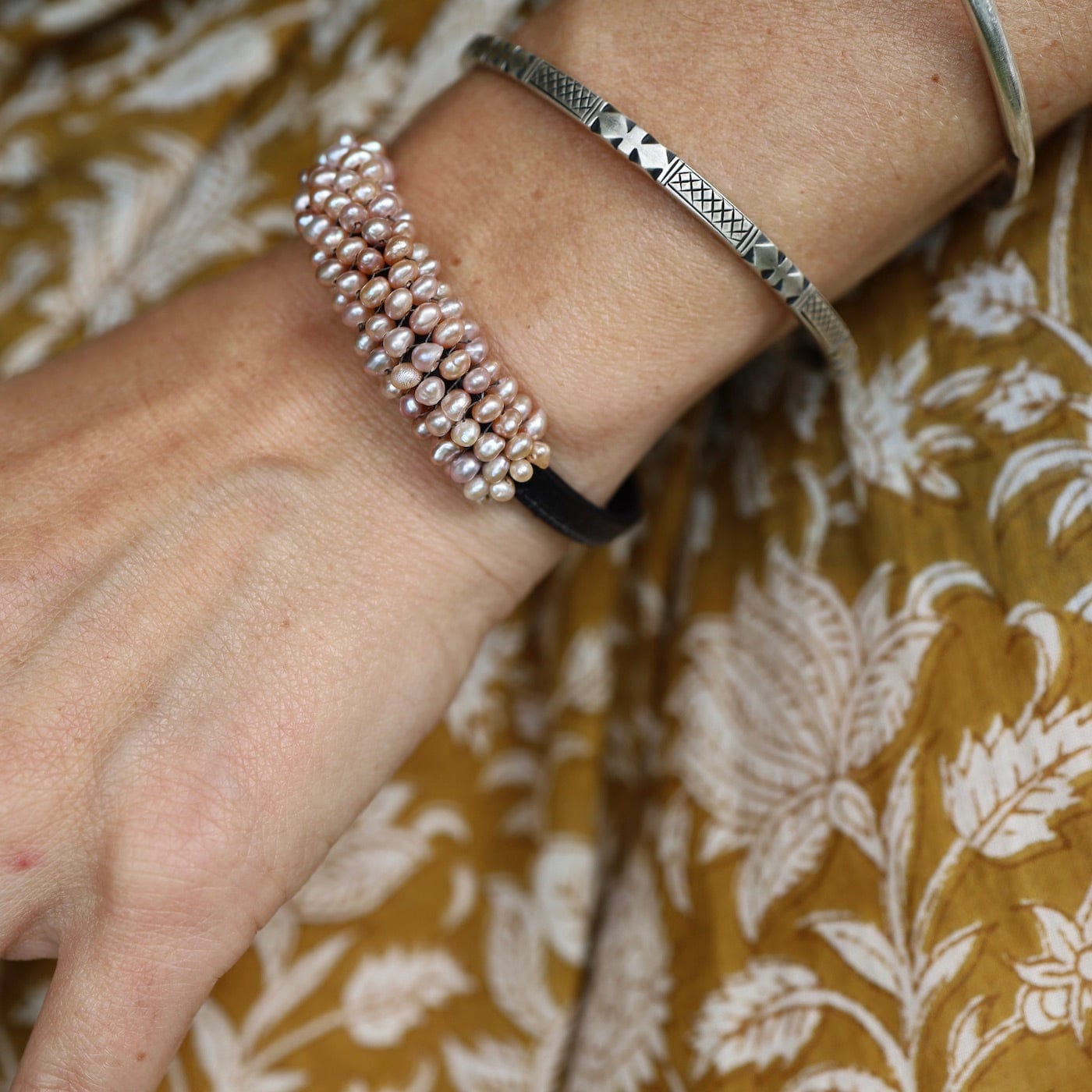 BRC-JM Hand Stitched Pink Pearls on 5mm Vintage Black Leather Bracelet