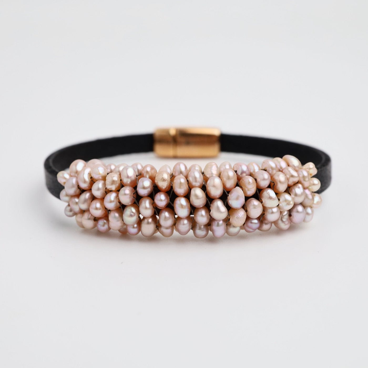 BRC-JM Hand Stitched Pink Pearls on 5mm Vintage Black Leather Bracelet