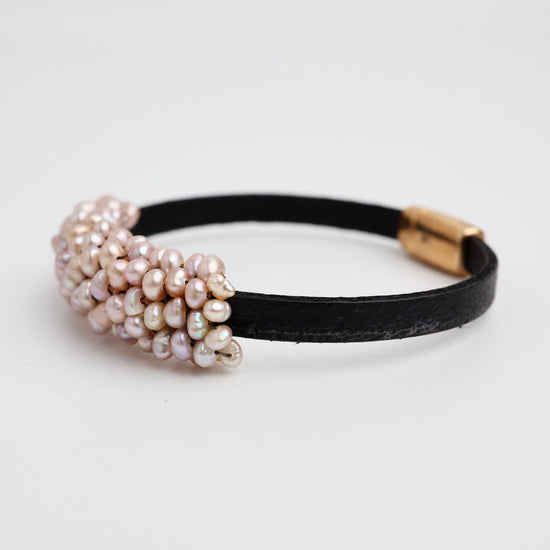 BRC-JM Hand Stitched Pink Pearls on 5mm Vintage Black Leather Bracelet
