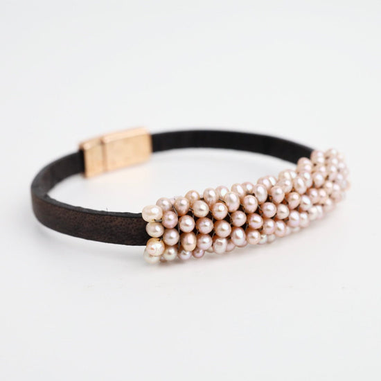 BRC-JM Hand Stitched Pink Pearls On Vintage Black Leather Bracelet