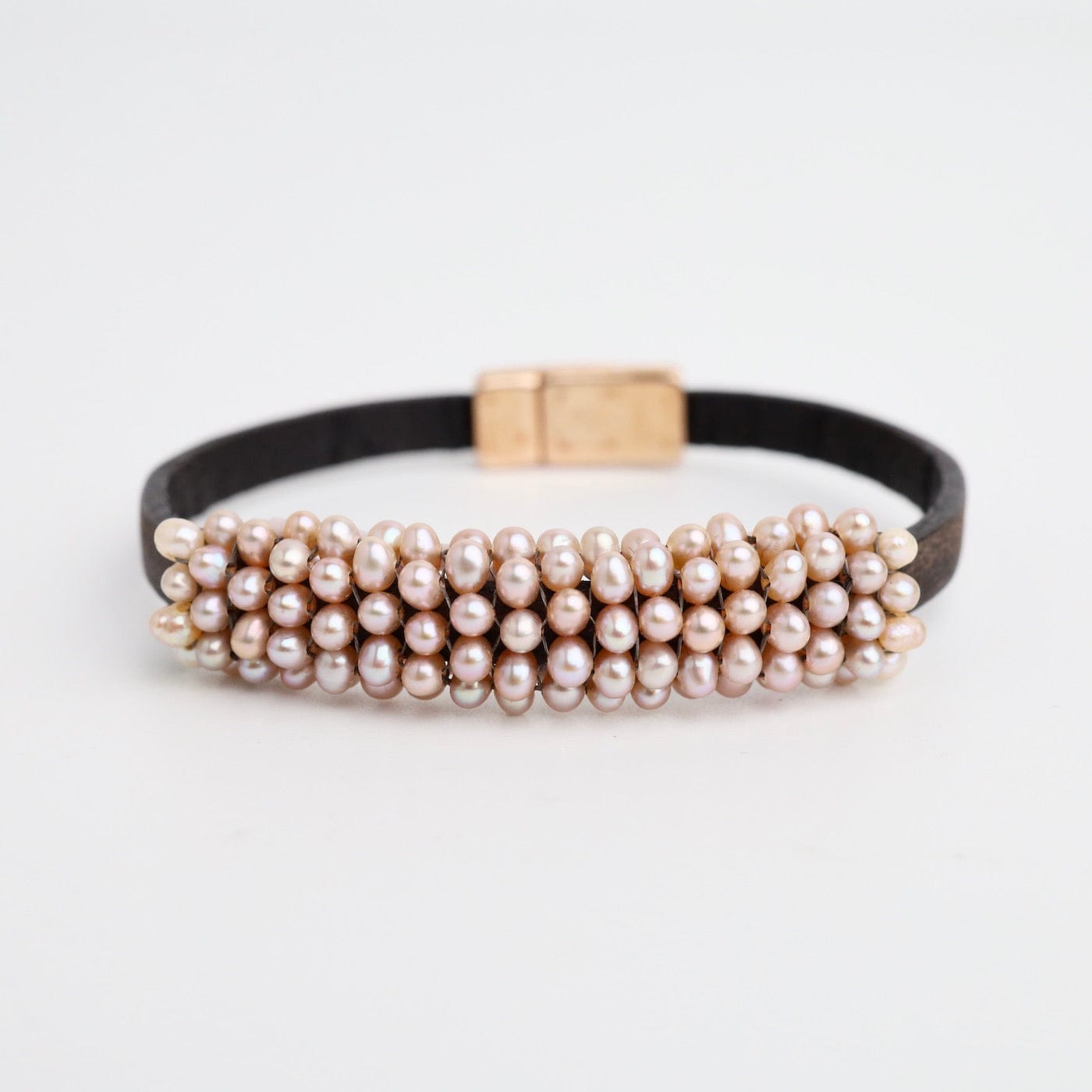 BRC-JM Hand Stitched Pink Pearls On Vintage Black Leather Bracelet