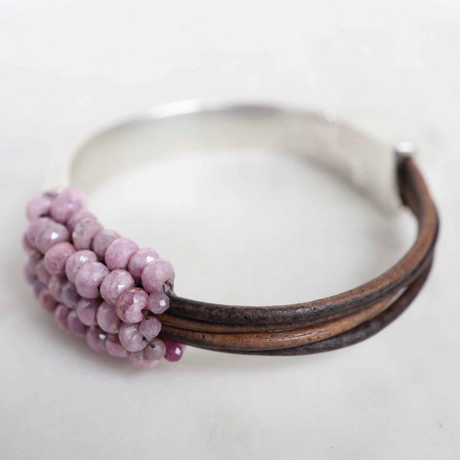 Hand Stitched Pink Silverite on Multi Vintage Grey Leather & Silver 1 ...