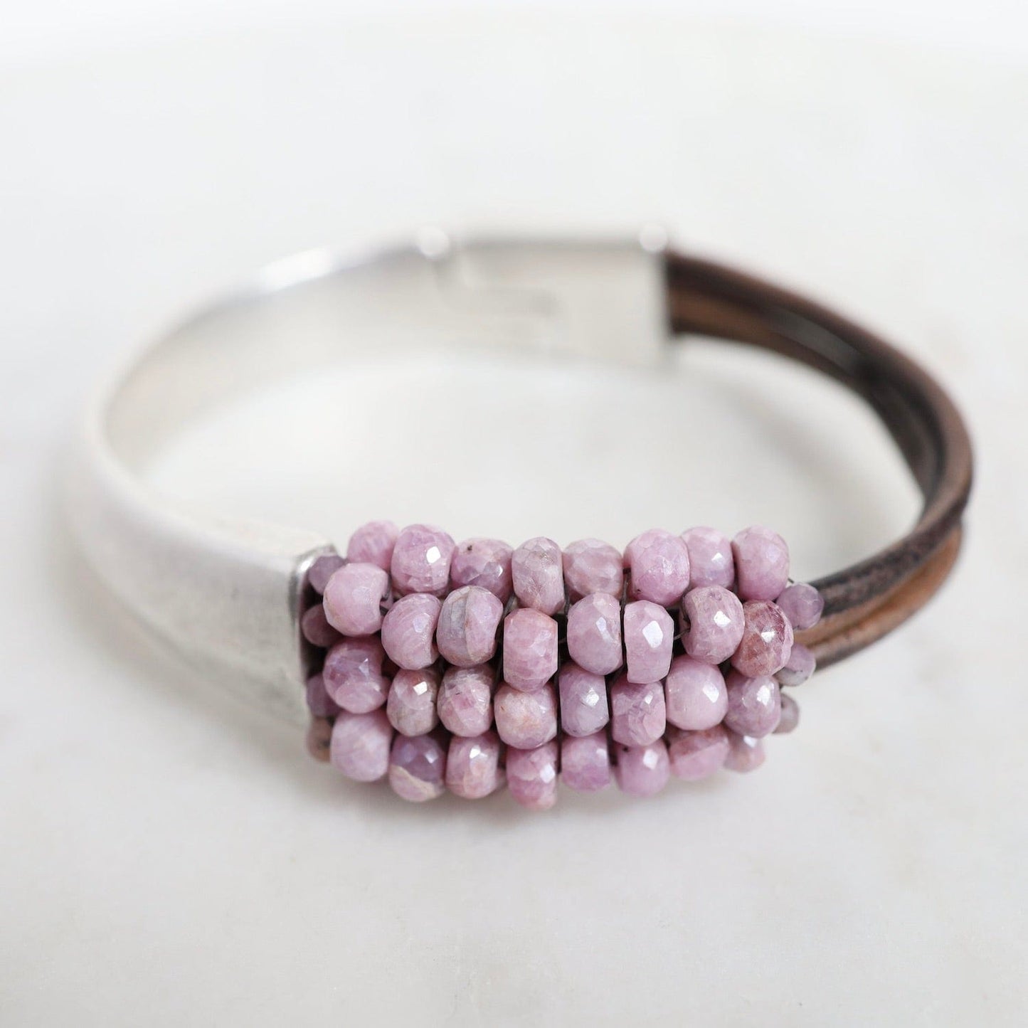 BRC-JM Hand Stitched Pink Silverite on Multi Vintage Grey Leather & Silver 1/2 Cuff