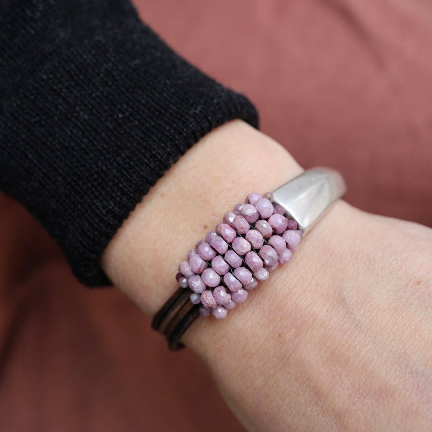 BRC-JM Hand Stitched Pink Silverite on Multi Vintage Grey Leather & Silver 1/2 Cuff