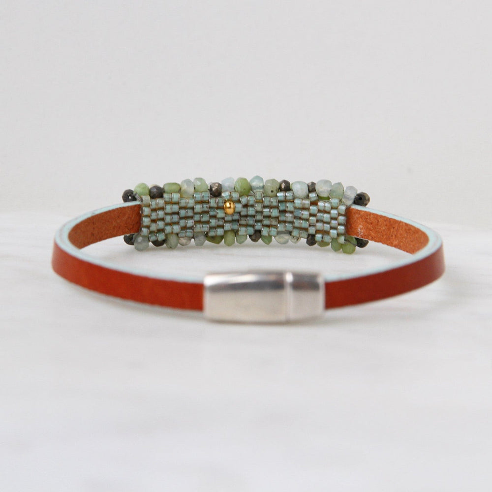 
                  
                    BRC-JM Hand Stitched Pyrite & Green Opal Mix Bracelet
                  
                