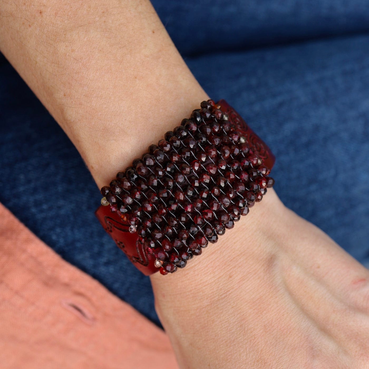 BRC-JM Hand Stitched Red Garnet on Carved Burgundy Leather Bracelet