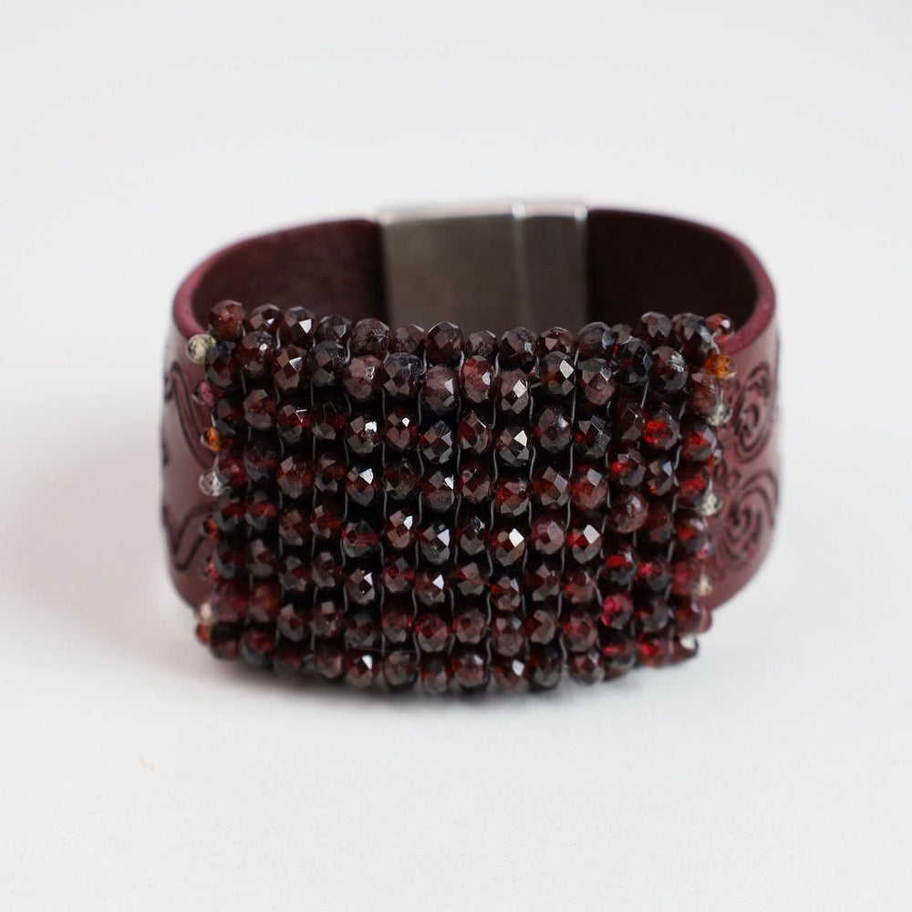 BRC-JM Hand Stitched Red Garnet on Carved Burgundy Leather Bracelet