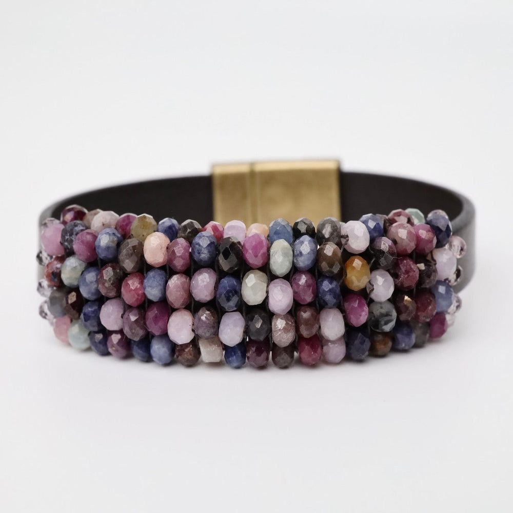 BRC-JM Hand Stitched Ruby, Sapphire Leather Bracelet