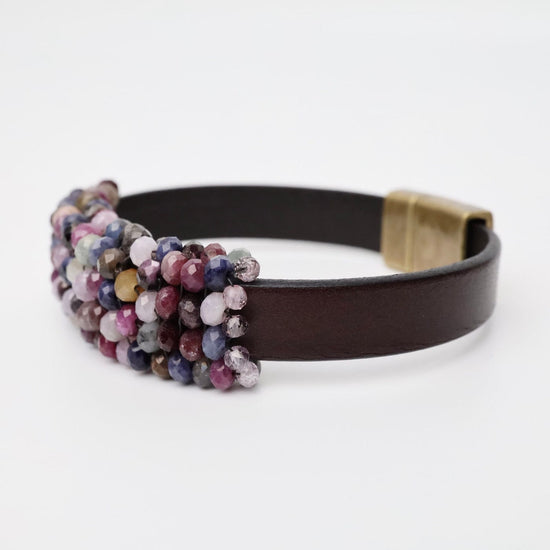 BRC-JM Hand Stitched Ruby, Sapphire Leather Bracelet
