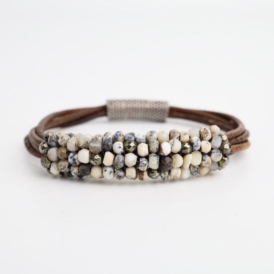 BRC-JM Hand Stitched Russian Opal & Pyrite and Multi Strand Grey Leather Bracelet