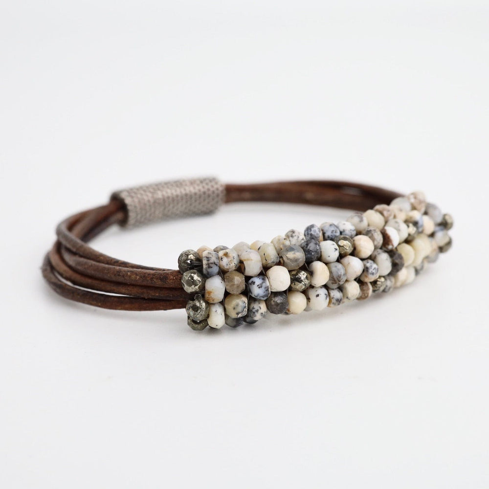 
                  
                    BRC-JM Hand Stitched Russian Opal & Pyrite and Multi Strand Grey Leather Bracelet
                  
                