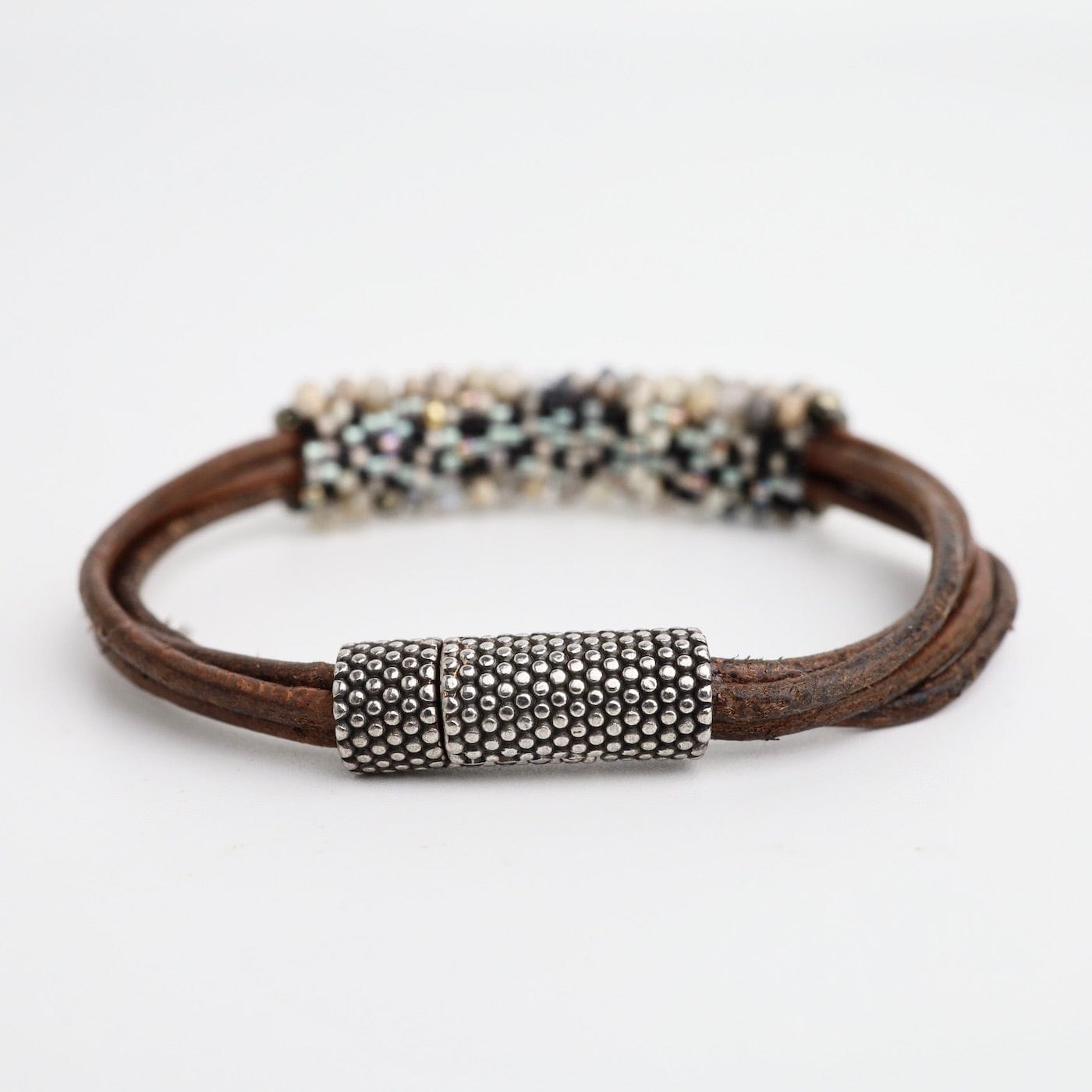 BRC-JM Hand Stitched Russian Opal & Pyrite and Multi Strand Grey Leather Bracelet