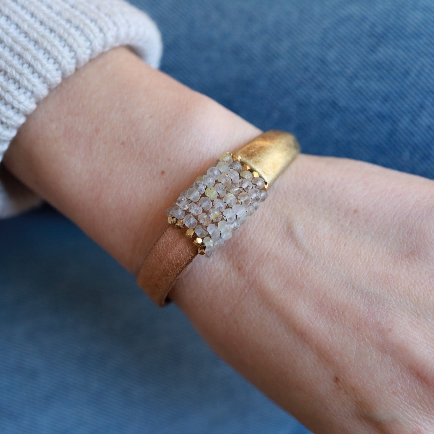 BRC-JM Hand Stitched Rutilated Gold Quartz Bracelet