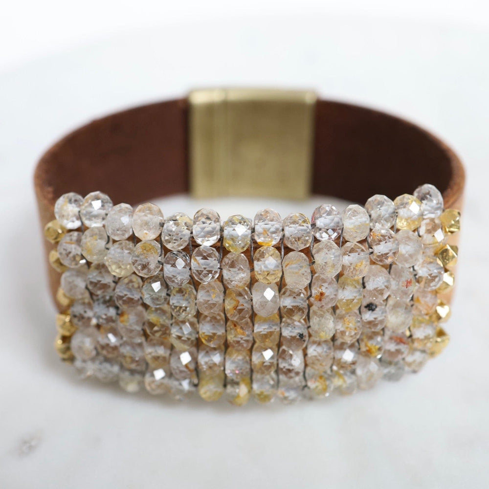 BRC-JM Hand Stitched Rutilated Quartz with Large Vermeil Trim on Mocha Leather Bracelet