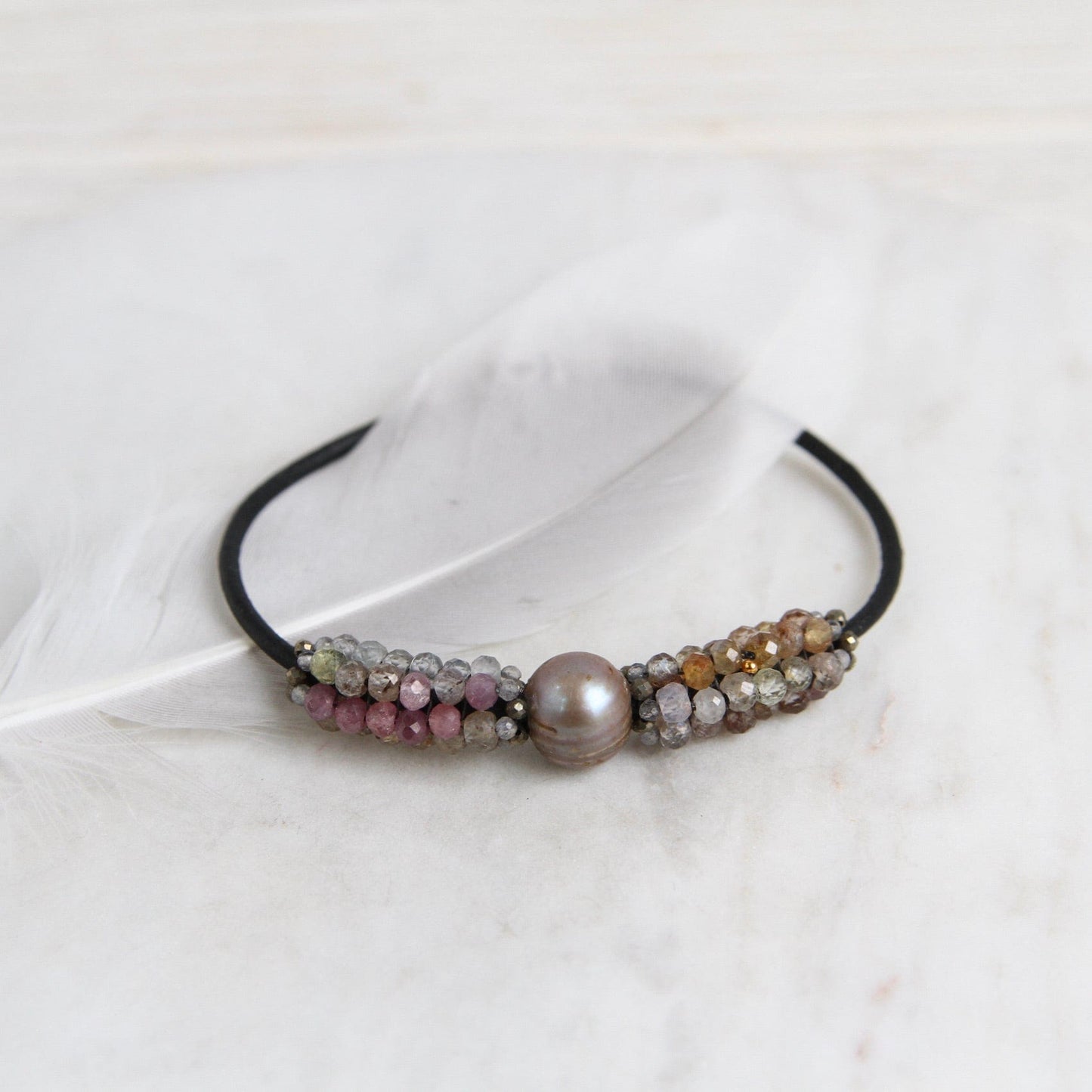 BRC-JM Hand Stitched Sapphires with Focal Pearl, Tiny Pyrite & Mystic Labradorite Trim Bracelet