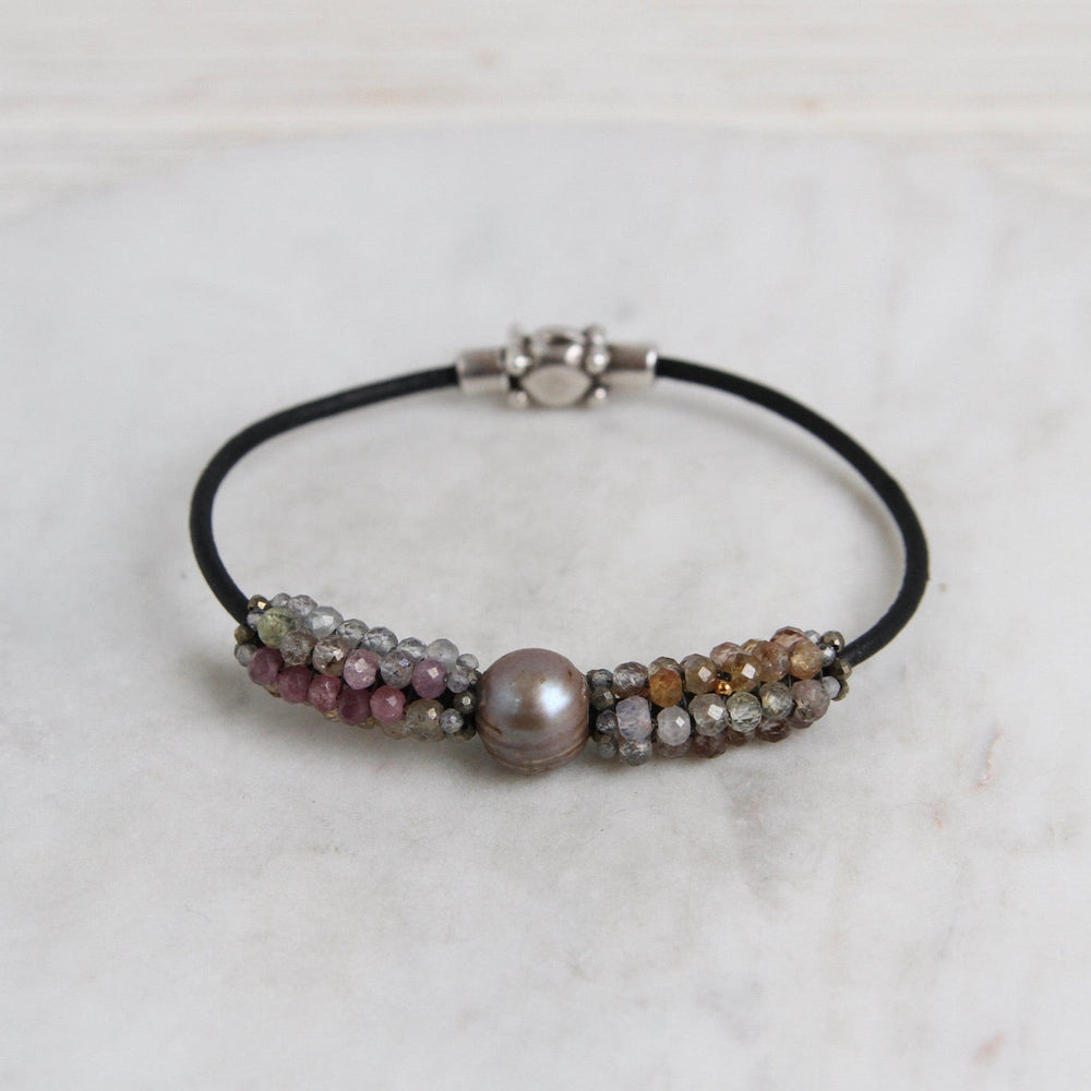 BRC-JM Hand Stitched Sapphires with Focal Pearl, Tiny Pyrite & Mystic Labradorite Trim Bracelet