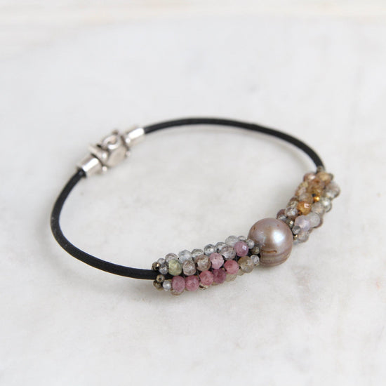 BRC-JM Hand Stitched Sapphires with Focal Pearl, Tiny Pyrite & Mystic Labradorite Trim Bracelet