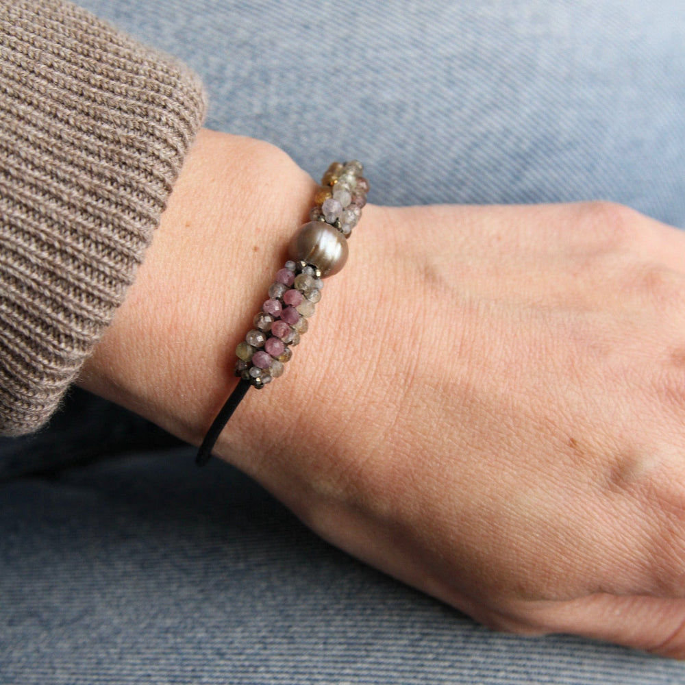 
                  
                    BRC-JM Hand Stitched Sapphires with Focal Pearl, Tiny Pyrite & Mystic Labradorite Trim Bracelet
                  
                