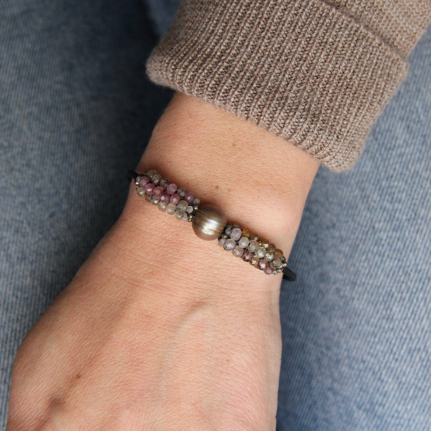 BRC-JM Hand Stitched Sapphires with Focal Pearl, Tiny Pyrite & Mystic Labradorite Trim Bracelet