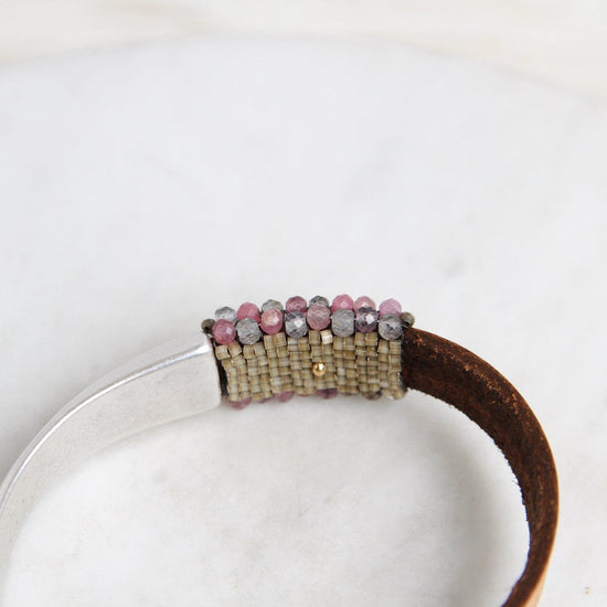 BRC-JM Hand Stitched Sapphires with Tiny Pyrite & Mystic Labradorite Trim 1/2 Cuff Bracelet