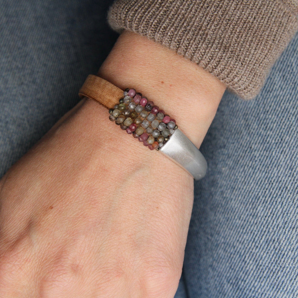 BRC-JM Hand Stitched Sapphires with Tiny Pyrite & Mystic Labradorite Trim 1/2 Cuff Bracelet