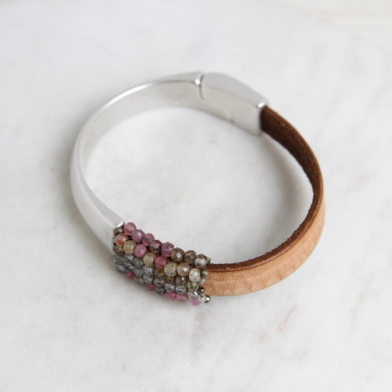 BRC-JM Hand Stitched Sapphires with Tiny Pyrite & Mystic Labradorite Trim 1/2 Cuff Bracelet