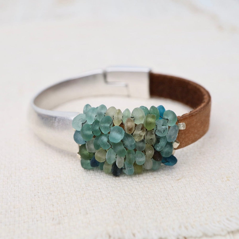 BRC-JM Hand Stitched Sea Glass Leather Bracelet