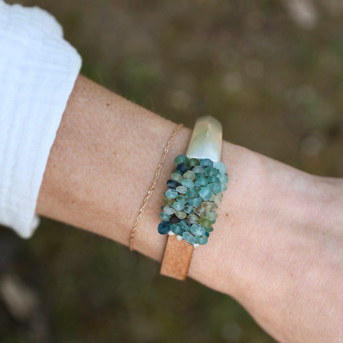 BRC-JM Hand Stitched Sea Glass Leather Bracelet
