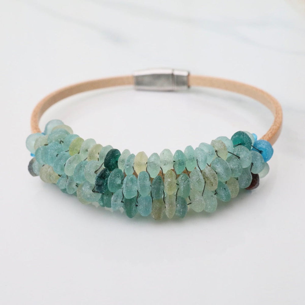 BRC-JM Hand Stitched Sea Glass with Apatite Trim Leather Bracelet