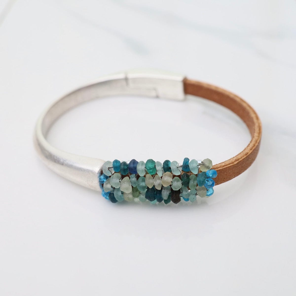 BRC-JM Hand Stitched Sea Glass with Apatite Trim Leather Bracelet