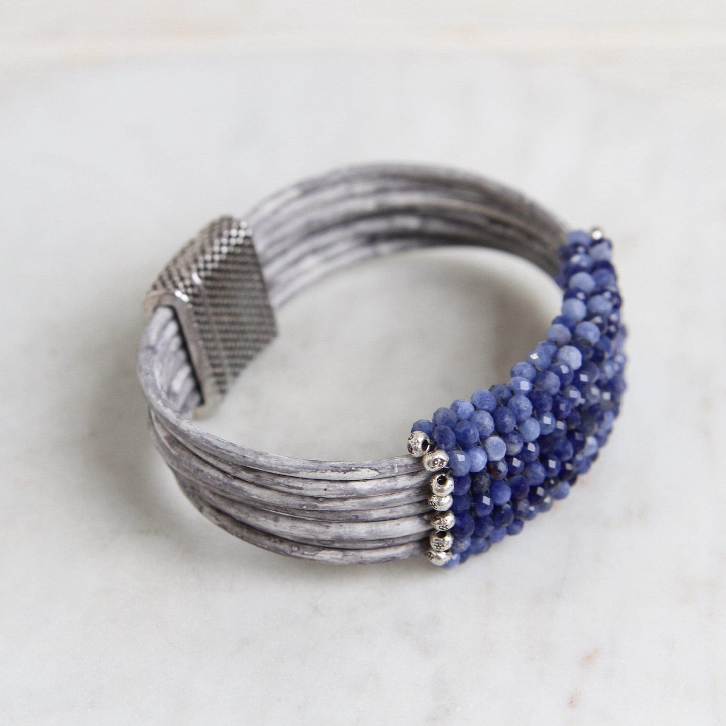 BRC-JM Hand Stitched Shaded Sodalite with Hill Tribe Stamped Fine Silver Bead Trim Bracelet