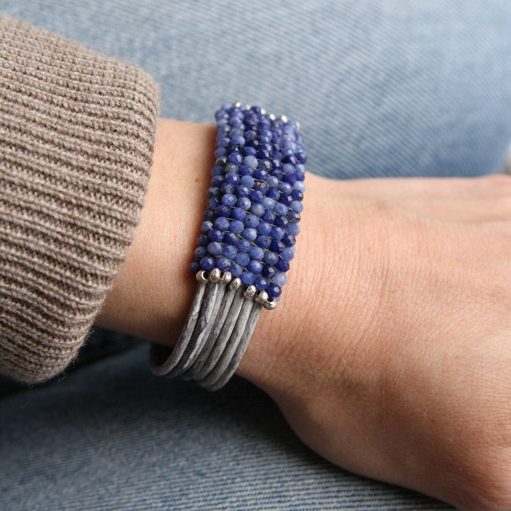 BRC-JM Hand Stitched Shaded Sodalite with Hill Tribe Stamped Fine Silver Bead Trim Bracelet